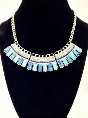 Boho Blue Green Statement Necklace Silver Bib Festival
